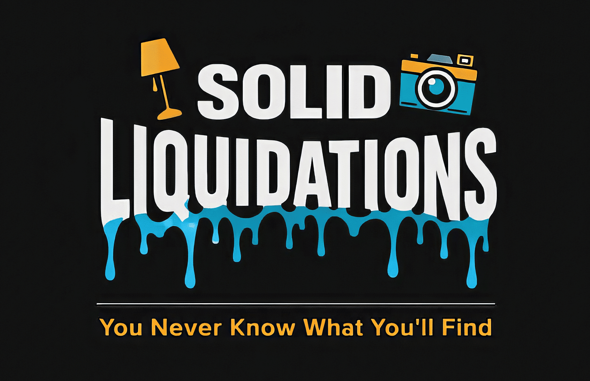 Poster reads 'SOLID LIQUIDATIONS' with a yellow lamp and teal camera icon; blue drips at the bottom.