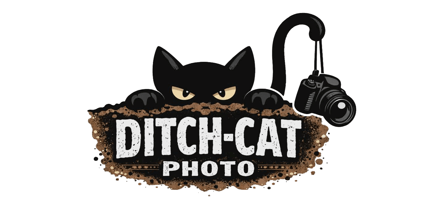 Brand logo for Ditch-Cat Photo featuring a black cat peeking over a dirt splash with the name in bold letters and a camera on the right