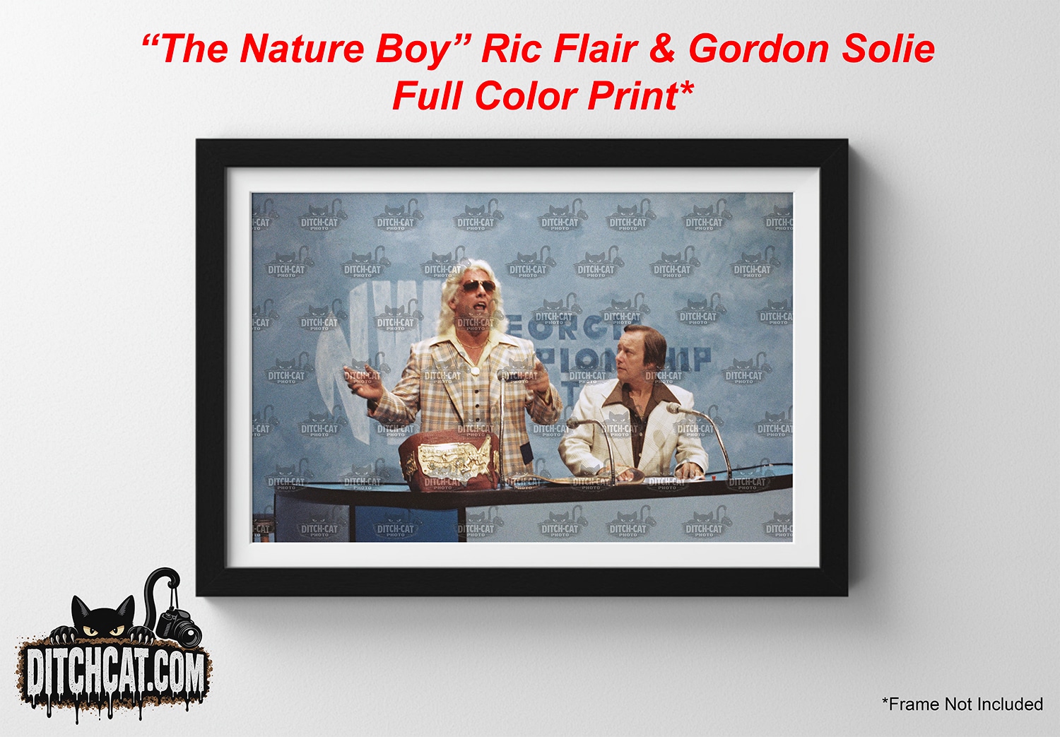 Ric Flair- Ditch Cat Photos Framed print featuring Ric Flair and Gordon Solie at a press conference against a blue backdrop.