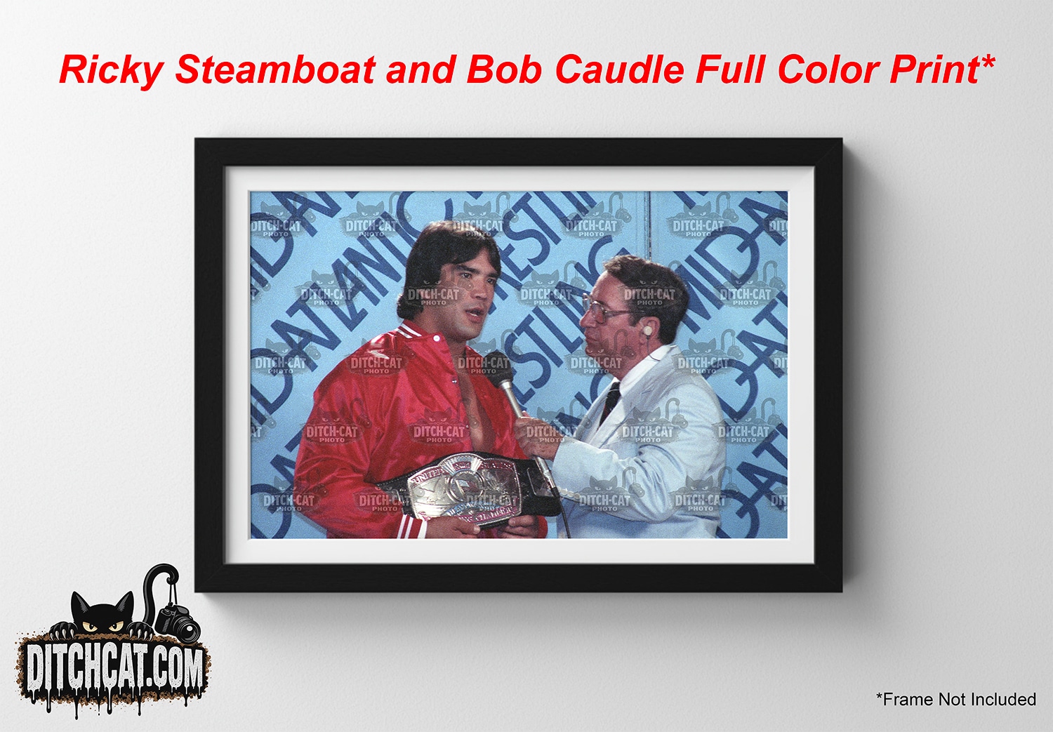 Framed color print of a wrestler in a red satin jacket holding a championship belt while an interviewer speaks into a microphone beside him.