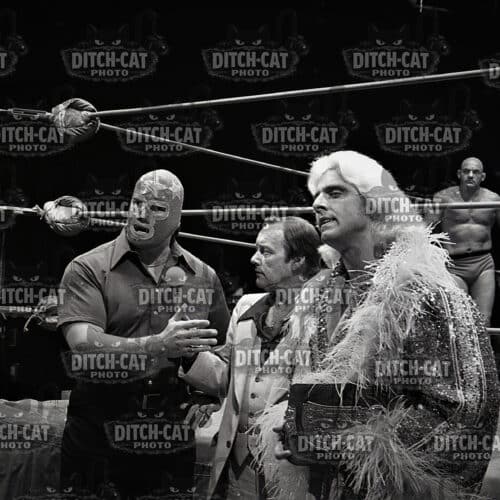 Wrestler in a flamboyant feathered cape stands in a ring while two men speak to him, a masked wrestler nearby and the arena ropes visible in the foreground.